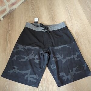 Affliction Board Shorts Mens 30 Black Grey Digital Camo Patches Drawstring  Swim